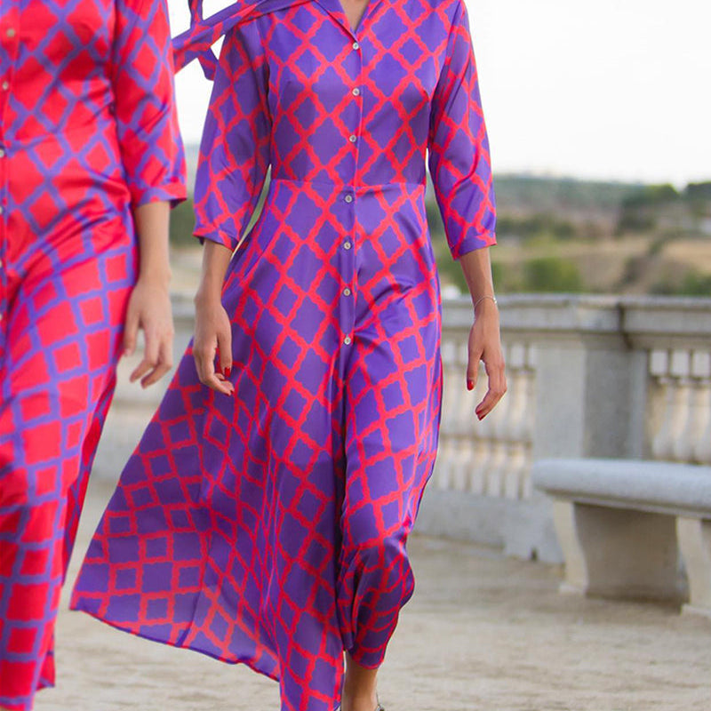 Robe chemise col V manches 3/4