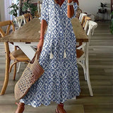 Robe longue col V en imprimé avec demi-manche