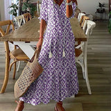 Robe longue col V en imprimé avec demi-manche