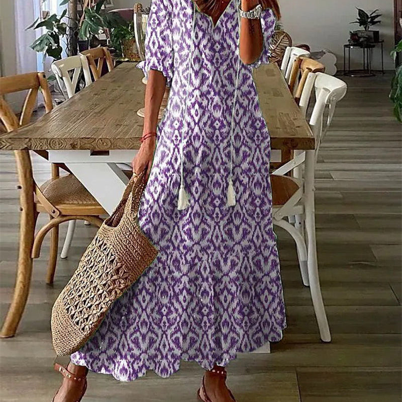 Robe longue col V en imprimé avec demi-manche