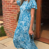 Robe longue à manches courtes imprimée de fleurs