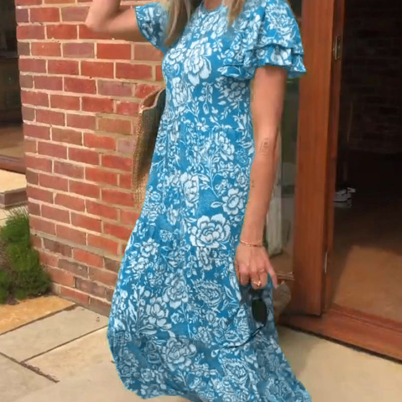 Robe longue à manches courtes imprimée de fleurs