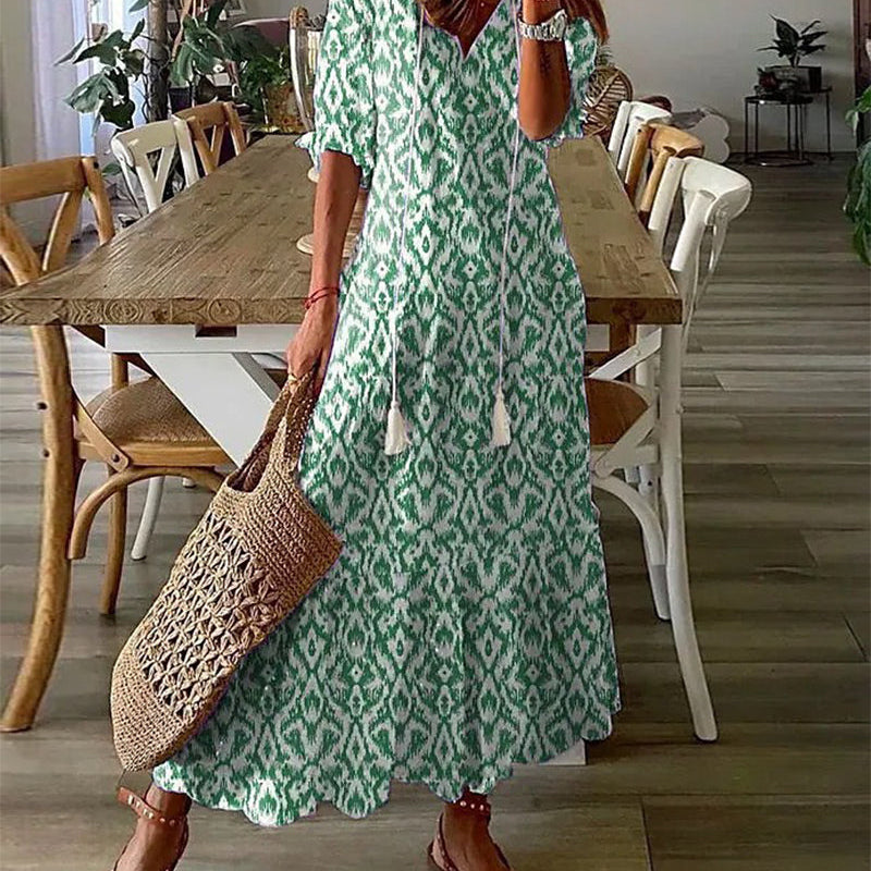 Robe longue col V en imprimé avec demi-manche