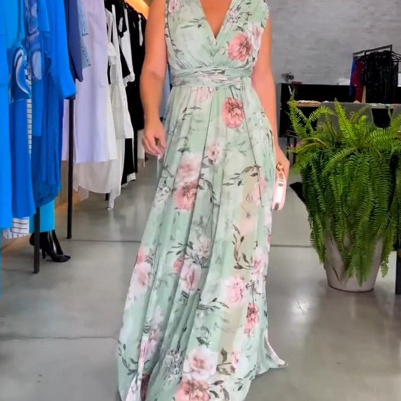 Robe élégante sans manches à col en V et imprimé floral