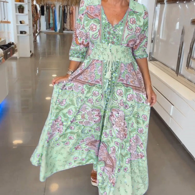 Robe de vacances à col en V et manches 3/4