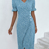 Robe à imprimé floral avec manches courtes et bouton