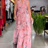 Robe élégante sans manches à col en V et imprimé floral