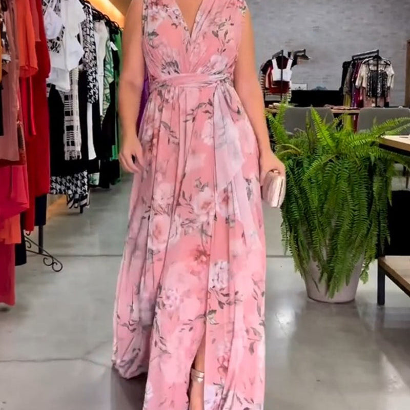 Robe élégante sans manches à col en V et imprimé floral