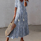Robe longue col V en imprimé avec demi-manche