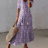 Robe longue col V en imprimé avec demi-manche