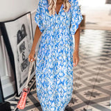 Robe tendance à col en V imprimée à manches courtes