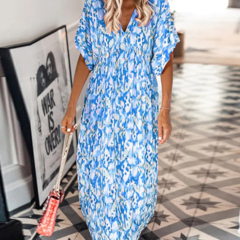 Robe tendance à col en V imprimée à manches courtes