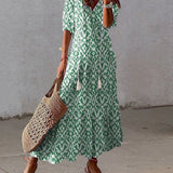 Robe longue col V en imprimé avec demi-manche