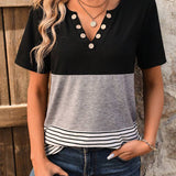 T-Shirt Casual Rayé Couleur Contrastée