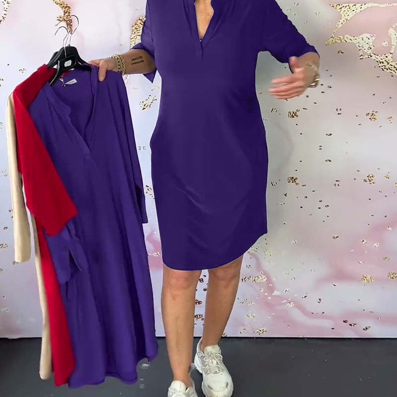 Robe à couleur unie et col en V