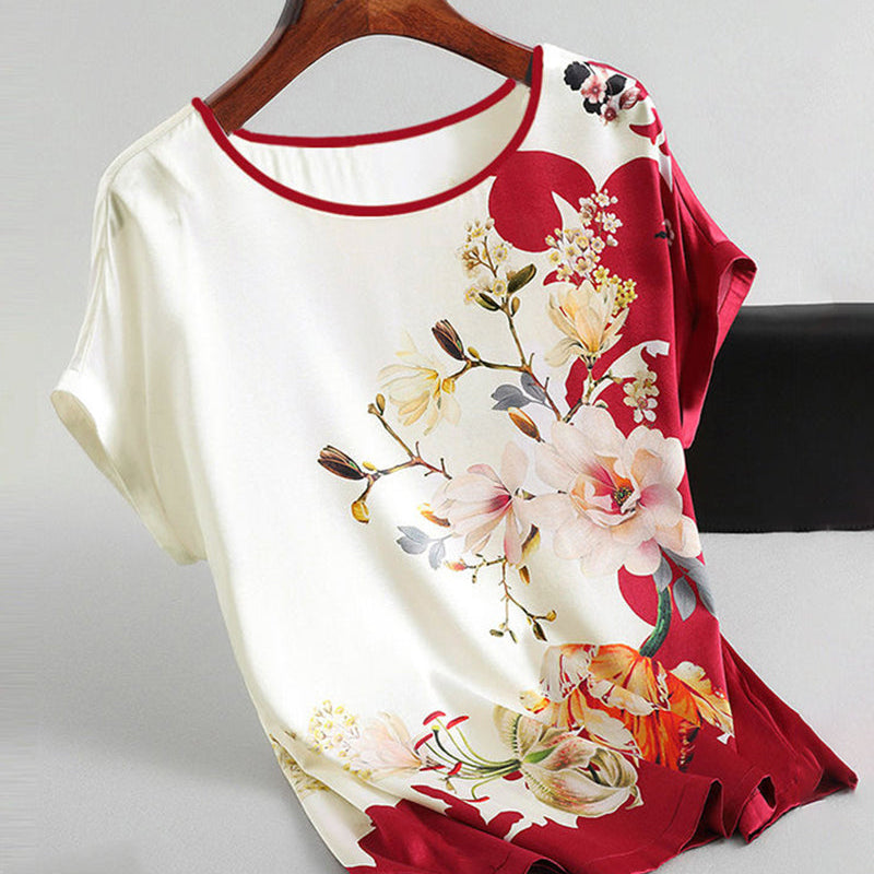 T-shirt manches courtes en soie glacée imprimée