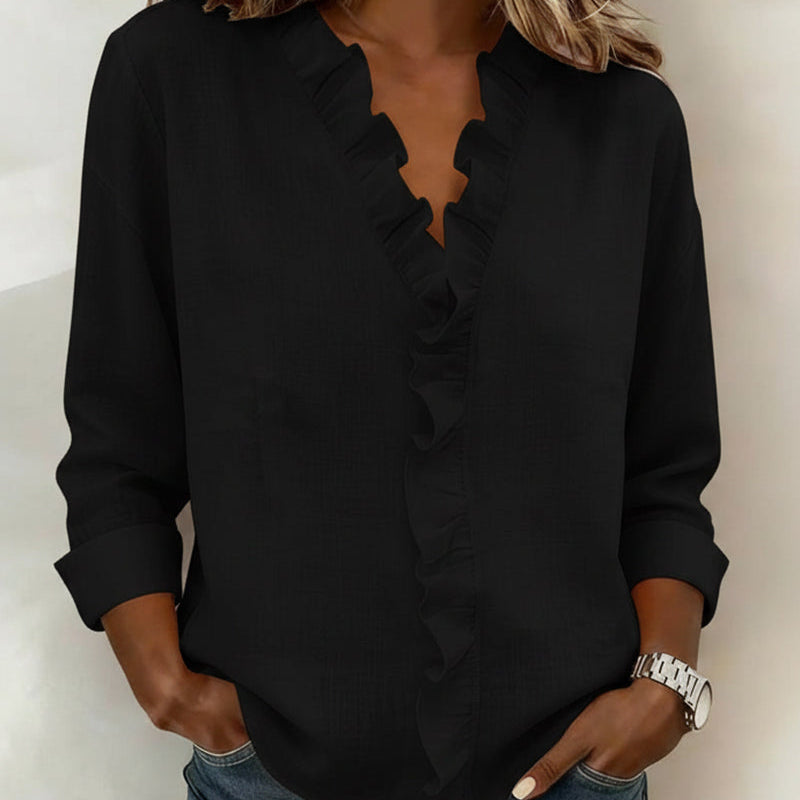 Blouse Froncé Col En V Manches Longues