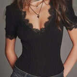 T-Shirt Dentelle Patchwork Côtelé