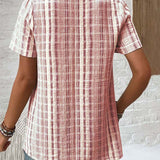T-shirt décontracté col V à carreaux rayés