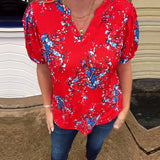 T-Shirt Col V Imprimé Fleuri Manches Courtes