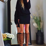 Robe tendance à manches longues et col rond de couleur unie