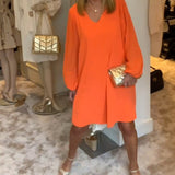 Robe col en V à manches lanternes de couleur unie