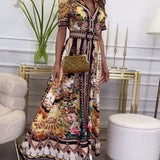 Robe longue à manches courtes et revers imprimé rétro