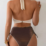 Bikini Two-Piece Set Avec Col Halter et Design Couleurs Contraste