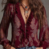 Blouse Demi-Zip Volant Rétro
