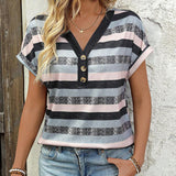 T-Shirt Col En V Trois Boutons Rayé
