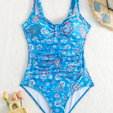 Maillot De Bain Décolleté Plissé Fleuri Une-Pièce
