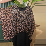 T-Shirt Imprimé Léopard À Paillettes Manches Chauve-Souris