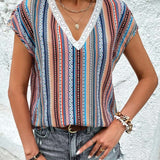 T-Shirt Imprimé Coloré En Dentelle Col En V