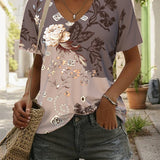 T-Shirt Imprimé Fleuri Col En V Manches Courtes
