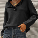 Pull décontracté de couleur unie avec bouton à revers et volants