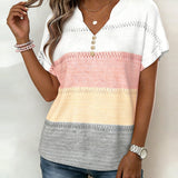Tee Col V Panachage De Couleurs Manches Courtes