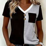 T-Shirt Col V Contraste Poche