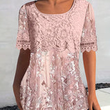 T-shirt Large Col Manches Courtes Dentelle Patchwork