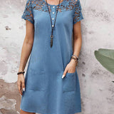 Robe de poche de couleur unie avec manches courtes en dentelle creuse