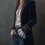 Veste Longue Femme Vintage Bleu Marine Brodée