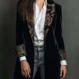Blazer Femme Slim Fit Noir avec Revers et Imprimé Baroque