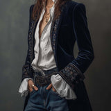 Veste Longue Femme Vintage Bleu Marine Brodée