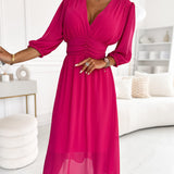 Robe à col en V de couleur unie à la taille
