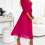 Robe à col en V de couleur unie à la taille