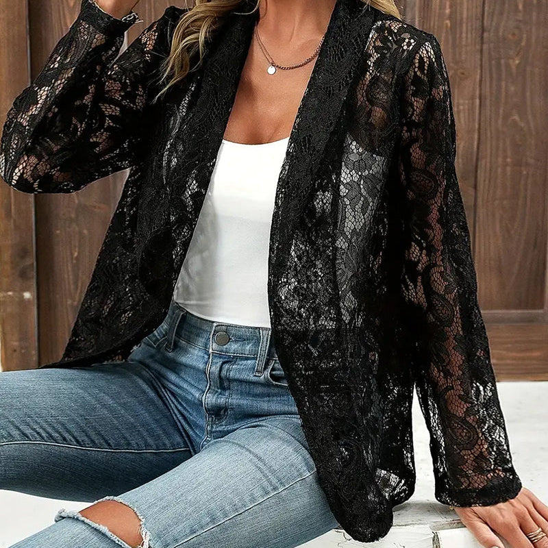 Manteau élégant à revers en dentelle florale de couleur unie