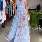 Robe élégante sans manches à col en V et imprimé floral