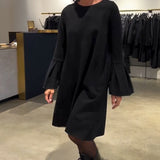 Robe Uni Manche Évasée Froncé
