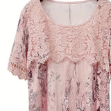 T-shirt Large Col Manches Courtes Dentelle Patchwork