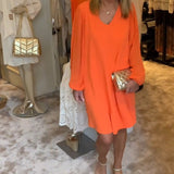 Robe col en V à manches lanternes de couleur unie