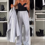 Ensemble manteau et pantalon droit à revers de couleur unie à la mode